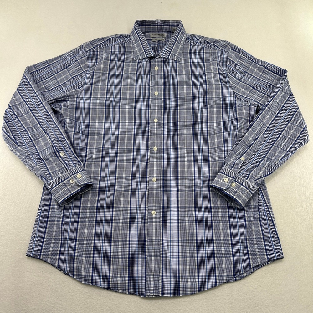 Lauren Ralph Lauren Mens XL Blue Plaid Slim Fit Cotton Nylon Stretch Dress Shirt